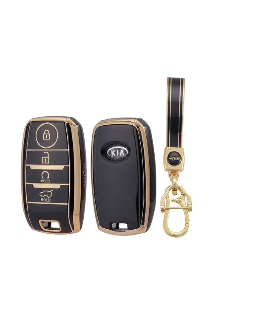 Keycare TPU Key Cover Compatible for Sonet, Carens, Seltos, Seltos X-line 4b Smart Key | Push Button Start Models, Compare Key Shape And Buttons Before Ordering | TP61 Gold Black